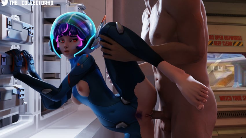 1boy 1girls 3d against_surface against_table bodysuit breasts clothed_female_nude_male completely_nude completely_nude_male exposed_ass exposed_breasts exposed_pussy functionally_nude functionally_nude_female glowing_hair helmet juno_(overwatch) leg_lift leg_up looking_back looking_back_at_partner multicolored_hair nude nude_female nude_male open_mouth overwatch penis penis_in_pussy pubic_hair purple_hair pussy sideways_standing_congress small_breasts standing standing_on_one_leg standing_sex the_collectorhd torn_bodysuit torn_clothes vaginal_penetration