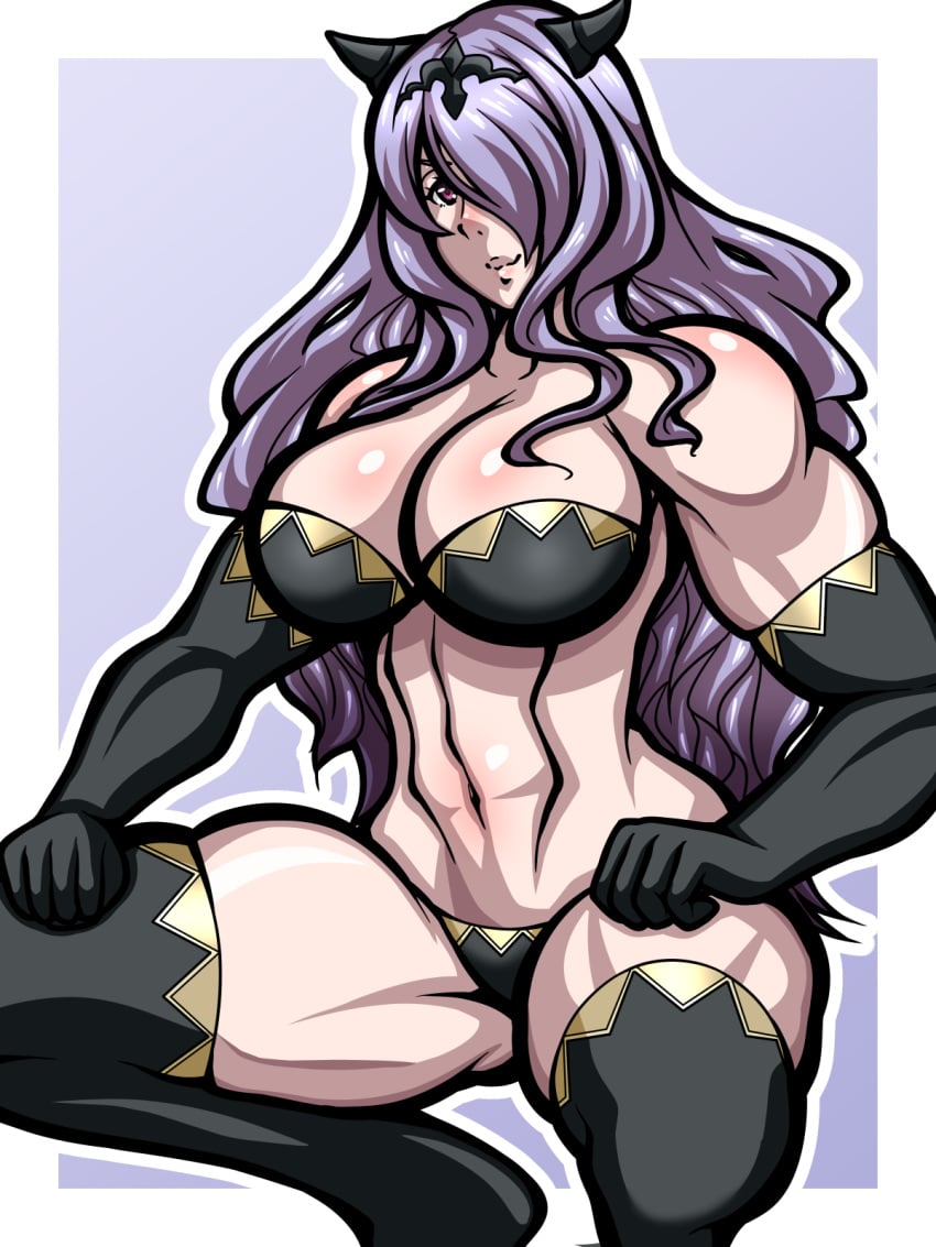 >:) 1girls bare_shoulders black_panties bra camilla_(fire_emblem) elbow_gloves fire_emblem fire_emblem_fates gloves hair_over_one_eye horns inabakun00 large_breasts muscular muscular_female nintendo panties purple_hair skindentation smile solo squatting thick_thighs thighhighs underwear very_long_hair violet_eyes wavy_hair