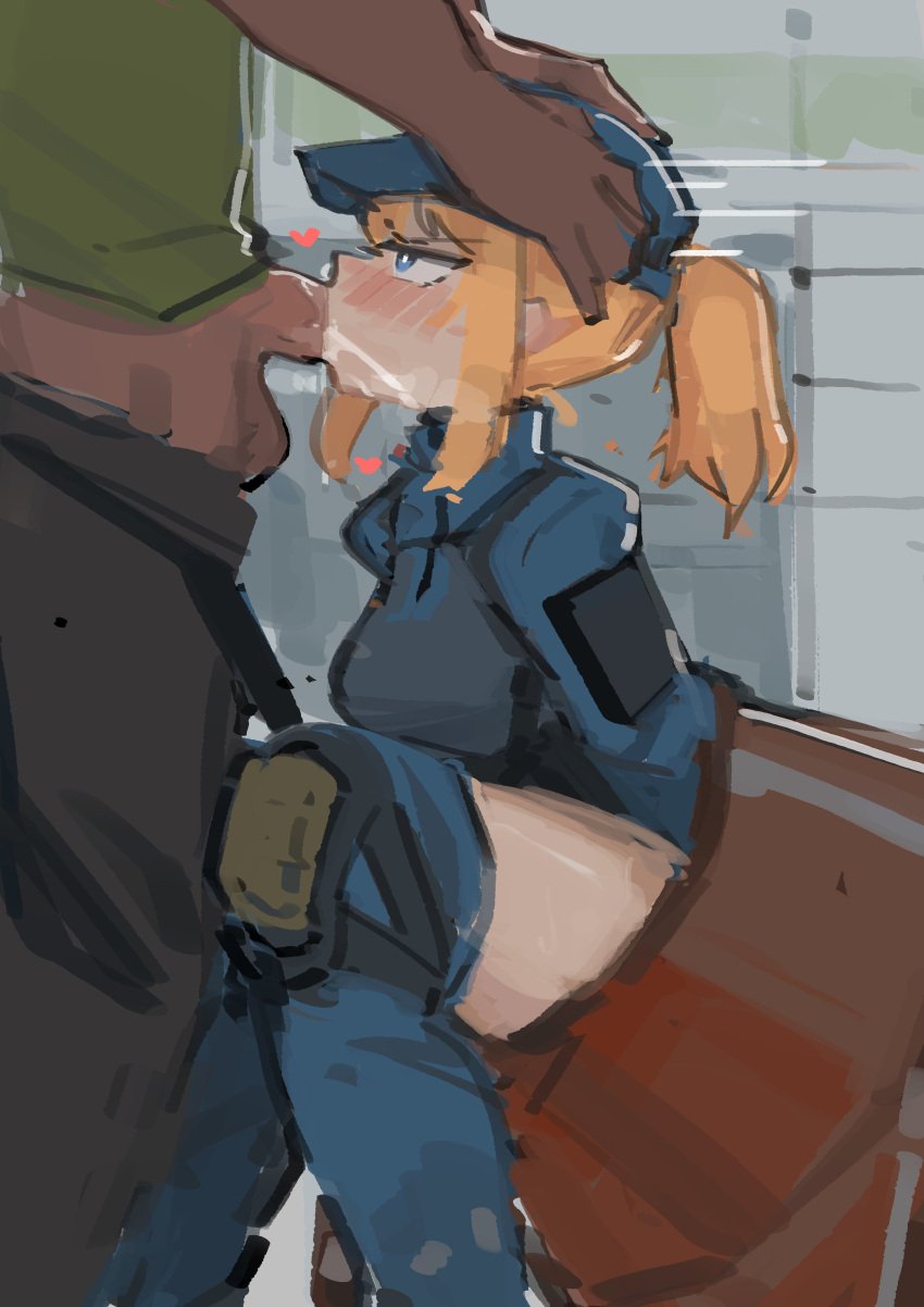 angry banana_batter blonde_hair blowjob blue_eyes blue_shirt blush cap cement_mixer face_fucking knee_pads kneesocks military_clothing ponytail rape stuck stuck_in_object tagme tagme_(character)