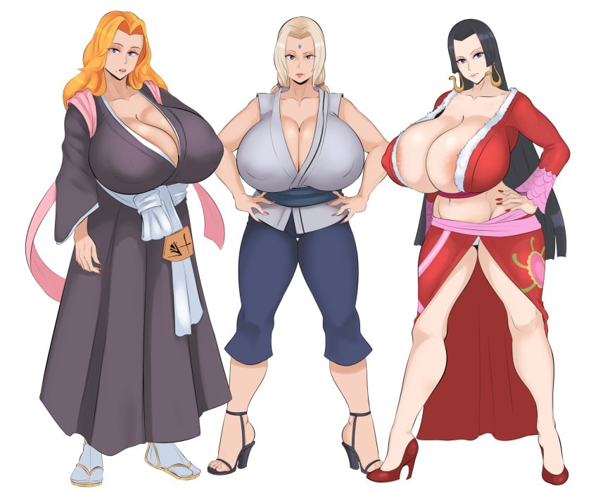 3girls absurd_res areolae_slip beauty_mark black_hair bleach blonde_hair blue_eyes boa_hancock breasts colored_nails crossover curvaceous curvaceous_body curvaceous_female curvaceous_figure curvaceous_hips curvy_body curvy_female curvy_figure earrings female female_only hakama hands_on_hips hazel_eyes heels hi_res high_heels hourglass_figure huge_breasts long_fingernails matsumoto_rangiku mature mature_female mole mole_under_mouth multiple_girls nail_polish naruto one_piece open_toe_shoes orange_hair panties sfh shoes sunnysundown the_big_6 thick_thighs tsunade voluptuous voluptuous_female voluptuous_milf wide_hips