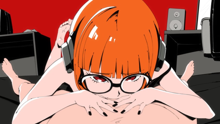 accurate_art_style all_the_way_to_the_base animated flou gamer_girl gif glasses orange_hair persona persona_5 sakura_futaba soles sucking_penis tagme