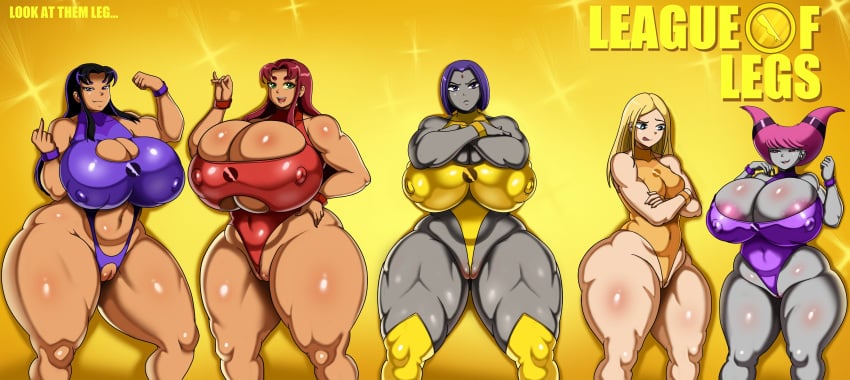 5girls areola_slip areolae blackfire bodysuit breast_size_difference crotchless female female_only gigantic_breasts huge_breasts human incredible_quad jinx_(dc) lady_legasus raven_(dc) revealing_clothes standing starfire teen_titans thick_thighs vn_simp voluptuous wedgie wide_hips