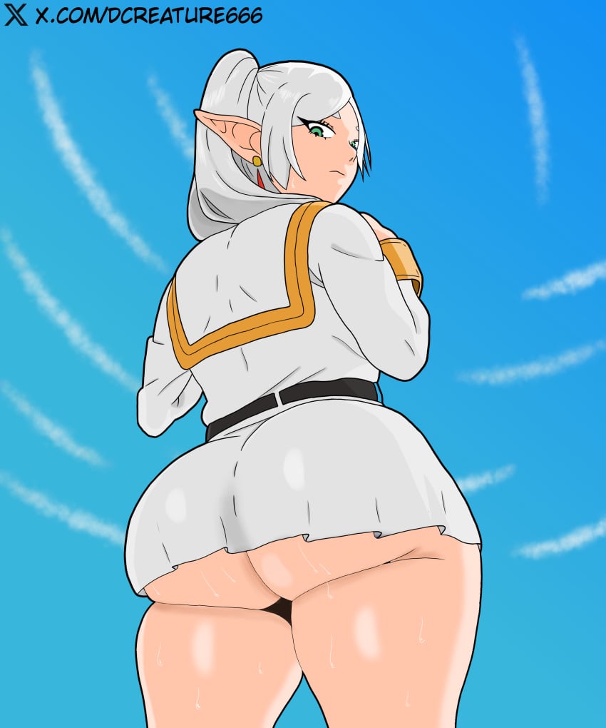 1girls ass big_ass booty dcreature666 elf elf_ears frieren frieren_beyond_journey's_end green_eyes long_hair looking_back pantsless shiny_skin solo sousou_no_frieren sweat sweatdrop white_hair