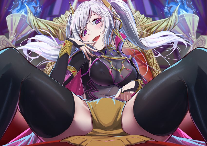 1girls fire_emblem fire_emblem_awakening fire_emblem_heroes grey_hair grima_(fire_emblem) imminent_sex indoors large_breasts looking_at_viewer male_pov nintendo nipples_visible_through_clothing origami45554722 pov purple_eyes robin_(female)_(fell_tactician)_(fire_emblem) robin_(fire_emblem) robin_(fire_emblem)_(female) sitting sitting_on_throne skeb_commission spread_legs thick_thighs thighs twintails