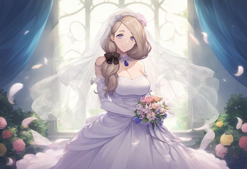 1girls ai_generated bouquet bride cleavage fire_emblem fire_emblem:_three_houses mercedes_von_martritz nintendo novelai solo_female wedding_dress