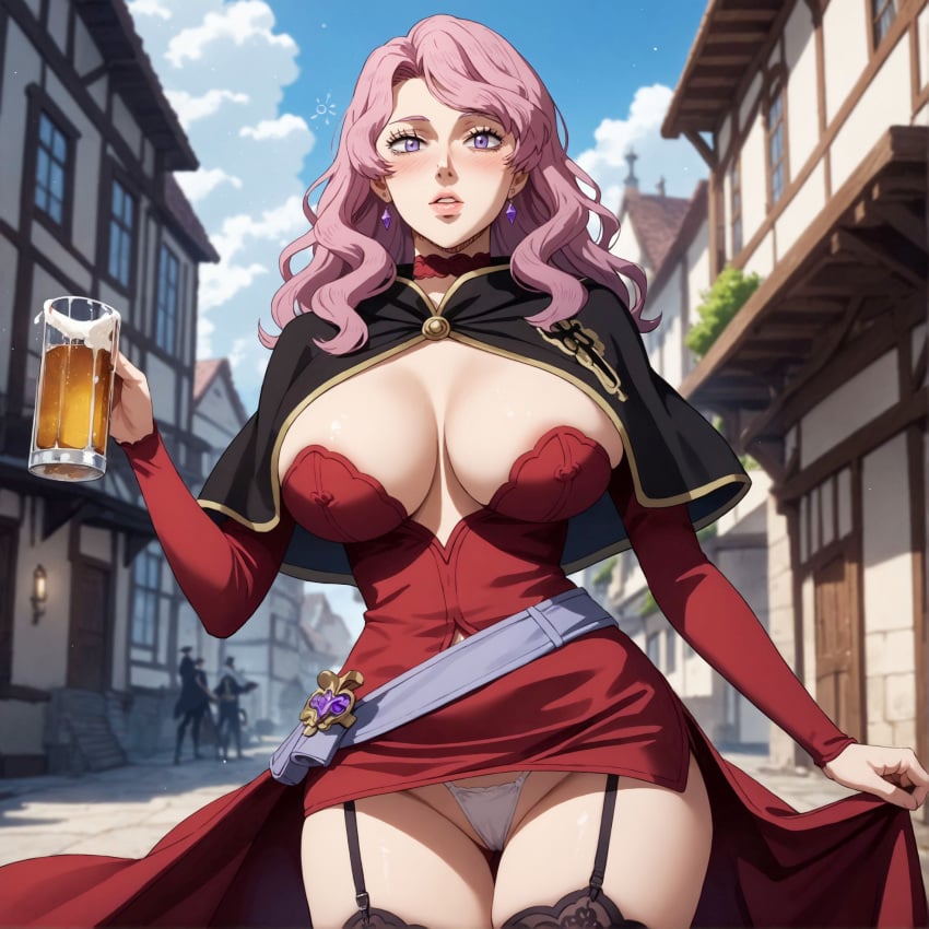 1girls ai_generated alcohol alex-schura beer big_breasts black_clover breasts cleavage cleavage_cutout clothed clothing drunk garter_straps gloves hi_res holding_object hourglass_figure huge_breasts large_breasts miniskirt no_bra outdoors panties pink_hair public revealing_clothes skimpy stockings thick_thighs thighhighs thighs thong upskirt vanessa_enoteca voluptuous wavy_hair white_panties wide_hips witch