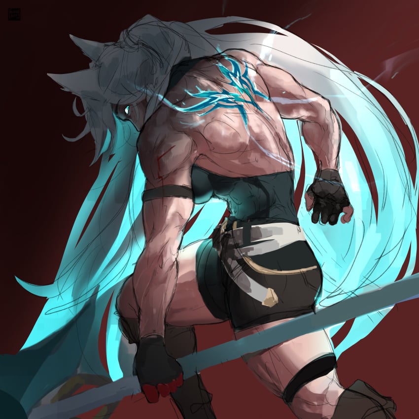 axe back_tattoo blainrot blue_eyes clothed clothes clothing feixiao_(honkai:_star_rail) feral feral_female fox fox_ears fox_girl gloves honkai:_star_rail honkai_(series) hoyoverse larger_female long_hair muscular muscular_back muscular_female shorts taller_female tattoo thighs weapons white_hair