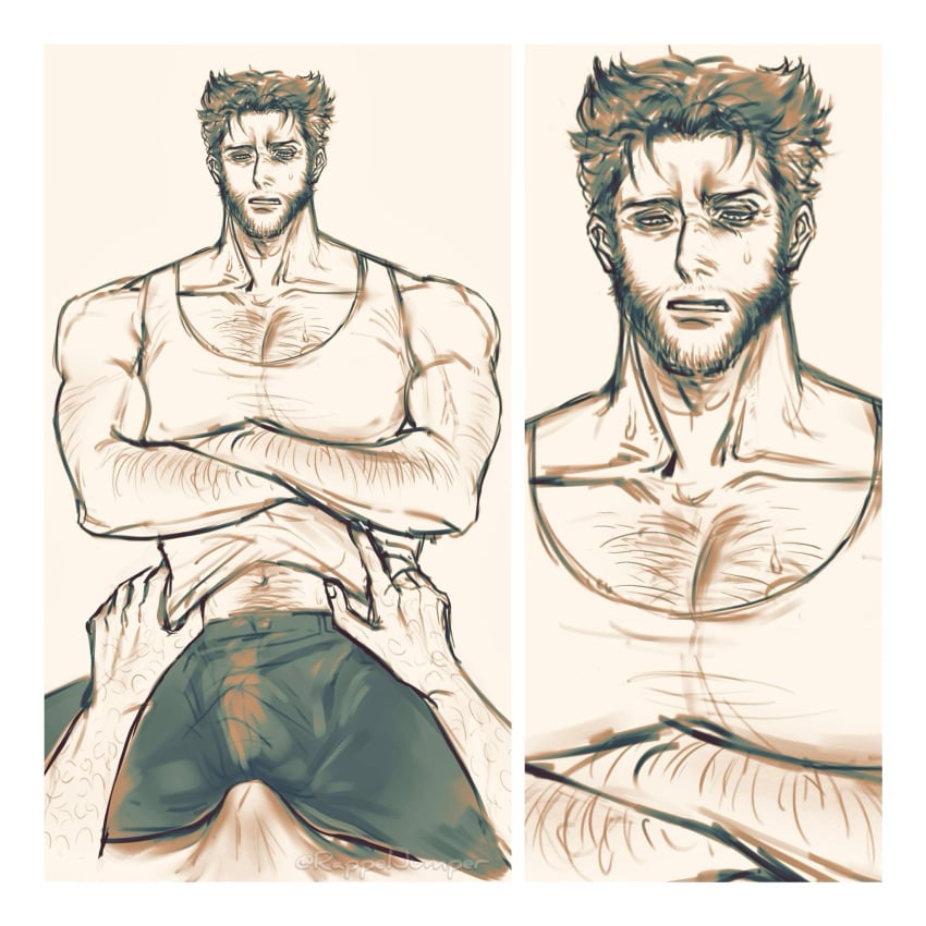 2boys bulge chest_hair crossed_arms deadpool erection_under_clothes gay logan_(x-men) male male/male male_only marvel marvel_comics muscular_male pectorals rappelvide short_hair sweatdrop wolverine_(x-men) x-men yaoi