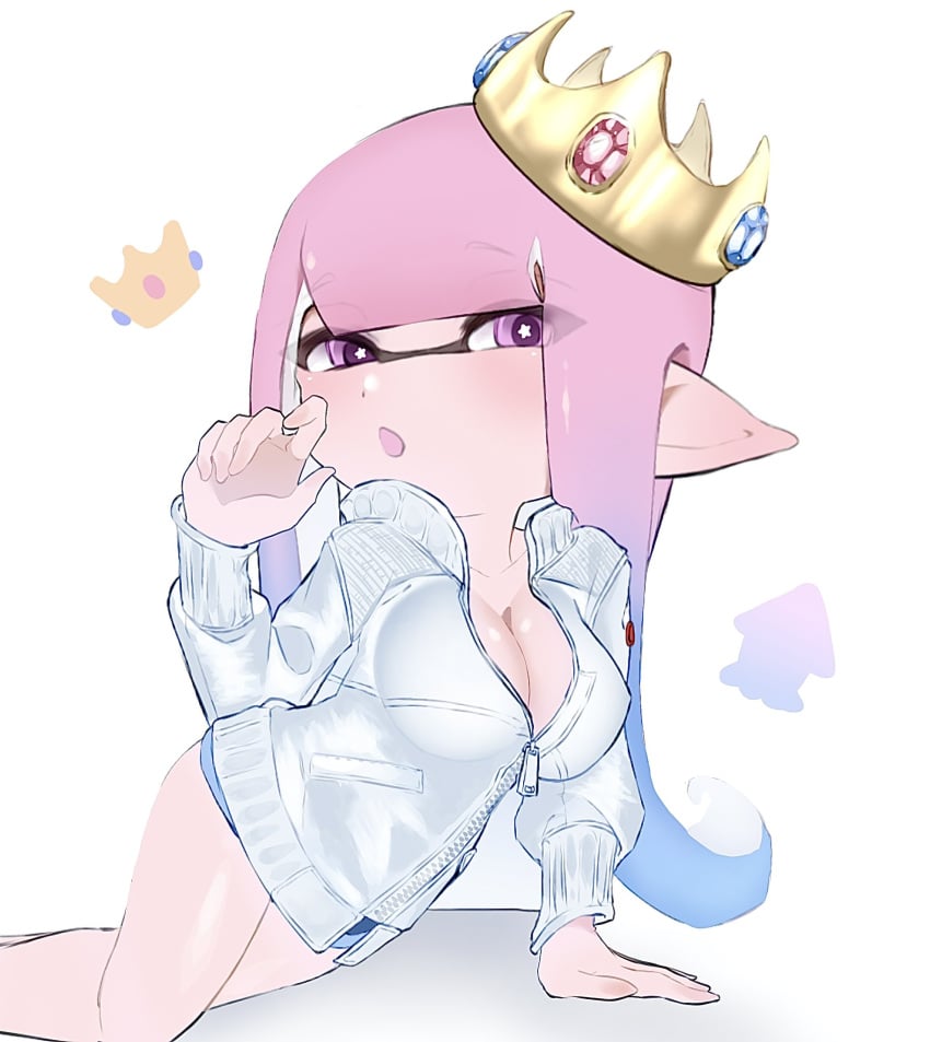 1girls bangs blunt_bangs breasts cleavage crown inkling inkling_girl inkling_player_character jacket long_hair nintendo open_mouth partially_unzipped pink_eyes pink_hair pointy_ears shorts sino_(o_x_x_o) solo solo_female solo_focus splatoon_(series) splatoon_3 star-shaped_pupils tentacle tentacle_hair white_jacket