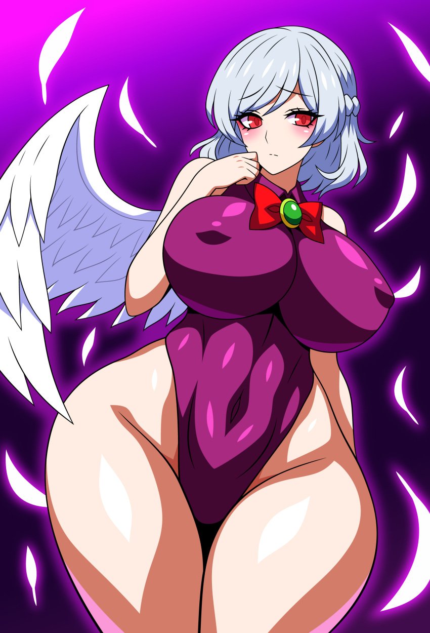 1girls 2d bare_legs bare_shoulders belly belly_button belly_button_visible_through_clothing big_breasts blush bowtie breasts breasts_bigger_than_head cleavage erect_nipples feathered_wing feathers female gradient_background hips kishin_sagume leotard looking_at_viewer nipple_bulge nipples nipples_visible_through_clothing red_eyes sagume_kishin shiny_hair shiny_skin short_hair shy silver_hair simple_background solo source ssaf ssaf52913778 ssaf_seibeupail thick_thighs thighs touhou white_hair wide_hips wing