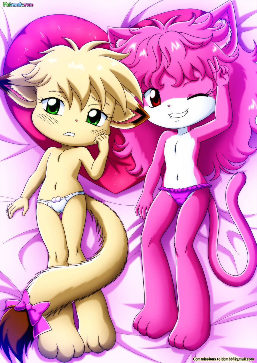 2girls annie_(little_tails) anthro april_(little_tails) bbmbbf bed blush domestic_cat feline female female_only fur furry little_tails looking_at_viewer one_eye_closed palcomix pillow teeth underwear