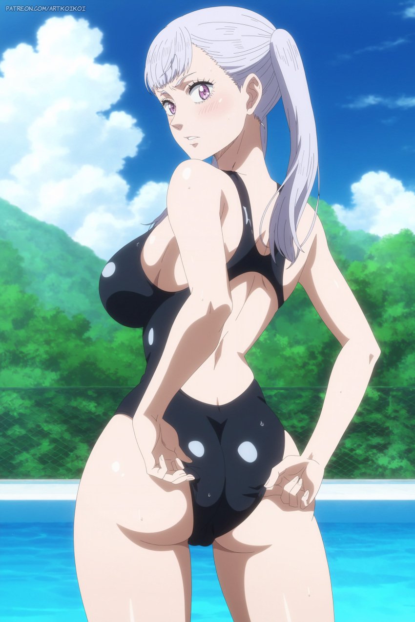 1girls ai_generated artkoikoi ass black_clover black_swimsuit black_swimwear breasts commentary_request english_commentary female female_only koikoi mixed-language_commentary noelle_silva one-piece_swimsuit outdoors solo standing swimsuit swimwear water