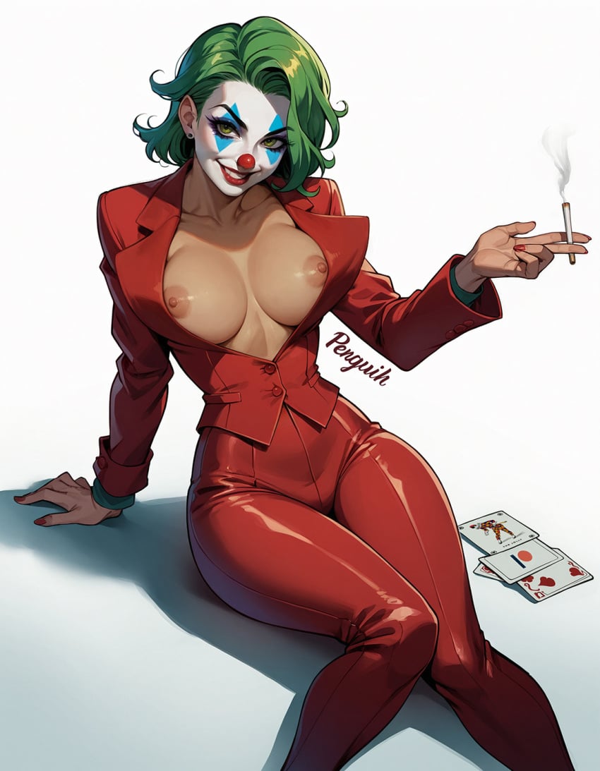 2d ai_generated batman_(series) breasts breasts breasts_out cards cigarette clown clown_makeup dc_comics genderswap_(mtf) green_hair joker makeup mtf_transformation nipples penguih red_suit rule_63 sexy_pose simple_background sitting smoking white_background