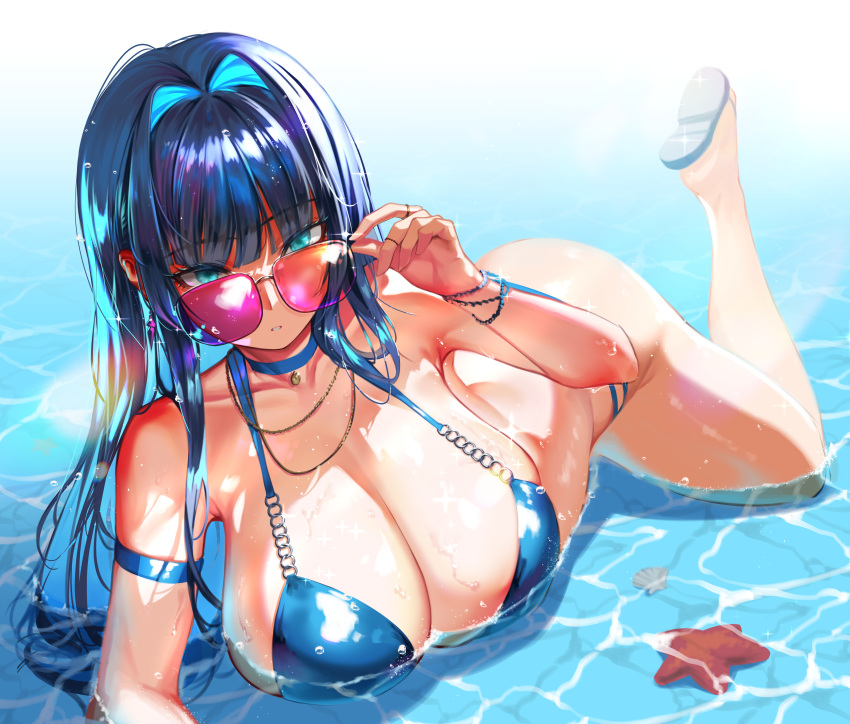 ass beach bikini blue_eyes blue_hair breasts choker cleavage eyepatch_bikini hair_intakes hololive hololive_english hololive_english_-council- hololive_english_-promise- huge_breasts large_ass long_hair looking_over_eyewear looking_over_sunglasses lying_down lying_on_side ouro_kronii outdoors sandals sunglasses swimsuit tinted_eyewear toxicboyroy virtual_youtuber water