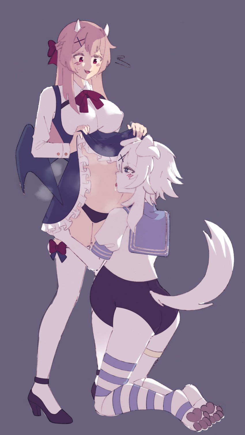 1boy 1girls bowtie collared_shirt demon_horns demon_wings full_body furry hand_on_another's_thigh high_heels kneehighs kneeling licking lifting_own_clothes lifting_skirt male_pregnancy mismatched_legwear one-piece_swimsuit otoko_no_ko panties pinafore_dress pregnant ruffles serafuku standing striped_legwear thigh_strap thighhighs