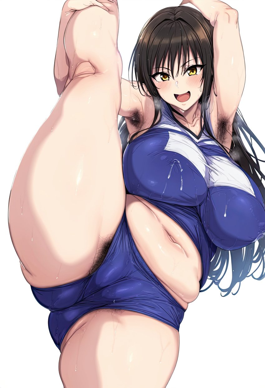 1girls ai_generated big_breasts black_hair blush clothing female female_focus hairy_armpits hairy_pussy huge_breasts kotegawa_yui lactation large_breasts light-skinned_female looking_pleasured plump pubic_hair thick_thighs thighs to_love-ru yellow_eyes