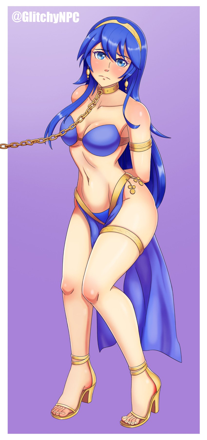 1girls absurdres arabian_clothes arms_behind_back bare_legs bare_midriff bare_shoulders belly_dancer belly_dancer_outfit bikini blue_eyes blue_hair blush bondage bound chain chain_leash chains cleavage collar collarbone commentary dancer dancer_outfit earrings femsub fire_emblem fire_emblem_awakening frown glitchynpc gold_(metal) gold_bracelet gold_chain gold_collar gold_earrings gold_heels gold_jewelry hair_between_eyes harem_outfit high_heels highres humiliation jewelry leash loincloth long_hair looking_at_viewer lucina_(fire_emblem) medium_breasts nintendo pelvic_curtain royalty sandals slave slavegirl solo submissive_female swimsuit tiara wide_hips