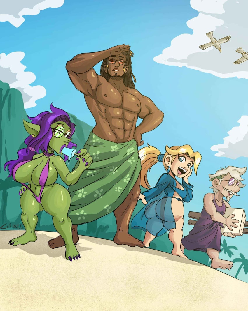 2boys 2girls abs beach big_ass big_breasts bikini black_male blonde_hair blue_eyes charlotte_fizzles cute dark-skinned_male dark_skin female gill_the_gnome gnome gnome_(warcraft) gnome_female goblin goblin_(warcraft) goblin_female green-skinned_female group happy light-skinned_female light-skinned_male light_skin long_hair multiple_boys multiple_girls muscular muscular_male ponytail popsicle purple_hair shortstack sling_bikini smile smiling swimwear warcraft world_of_warcraft