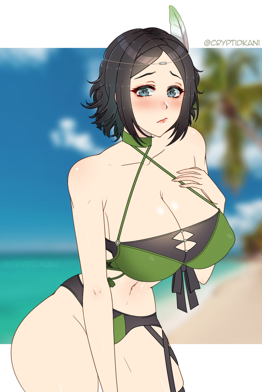 1girls alternate_costume ass bare_midriff bare_shoulders bare_thighs beach black_hair blush cleavage collarbone covered_nipples cryptid_crab feathers fire_emblem fire_emblem_awakening fire_emblem_heroes frown green_bikini green_swimsuit grey_eyes hair_ornament hand_on_own_chest huge_breasts medium_hair nintendo nipple_bulge noire_(fire_emblem) noire_(summer)_(fire_emblem) ocean palm_tree seaside solo thick_thighs tree wide_hips