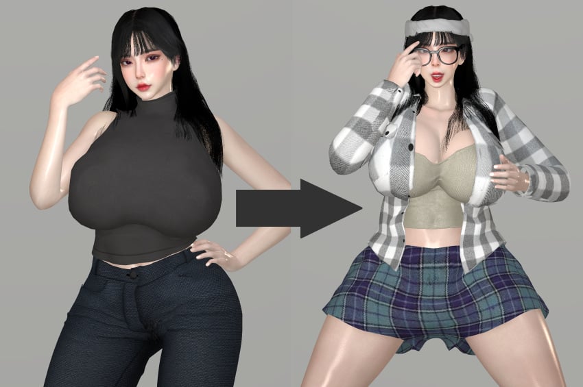 1girls 3d artist_request before_and_after big_breasts black_hair brainwashed brainwashing breasts busty curvaceous curvy curvy_body curvy_female curvy_figure female glasses huge_breasts large_breasts original original_character voluptuous willow_boat_lone_shadow_(artist)