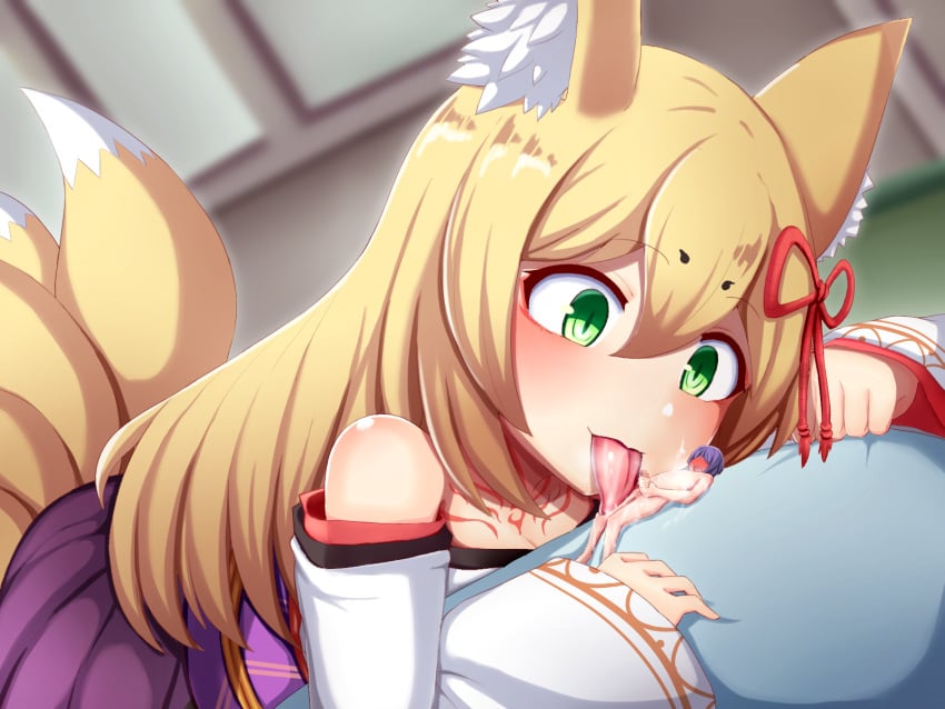 1boy animal_ear_fluff animal_ears bangs bare_shoulders blonde_hair blush breasts commentary_request cum detached_sleeves eyebrows_visible_through_hair female fox_ears fox_tail giant giantess green_eyes hair_ornament hair_ribbon highres indoors japanese_clothes kitsune licking long_hair luka_(mon-musu_quest!) male_masturbation masturbation monster_girl monster_girl_quest multiple_tails nude raichi_(ddq0246) ribbon slit_pupils smile tail tamamo_(monster_girl_quest) tattoo tongue tongue_out wide_sleeves