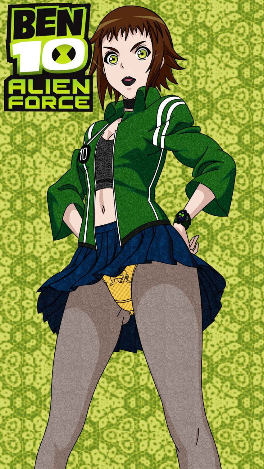 1girls ass_visible_through_thighs ben_10 ben_10_alien_force ben_tennyson black_lipstick cartoon_network female female_ben gender_transformation genderswap genderswap_(mtf) jacket jen_tennyson maudxie midriff miniskirt mtf_transformation navel omnitrix pantyhose rule_63 short_hair sports_bra transformation yellow_panties