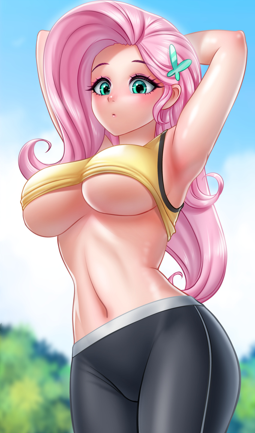 arms_above_head arms_up breasts clothed cute exercise exercise_clothing fit_female fluttershy_(mlp) human humanized leggings long_hair my_little_pony not_furry pink_hair racoonkun shirt shirt_lift straight_hair tank_top underboob workout workout_clothes yoga_pants