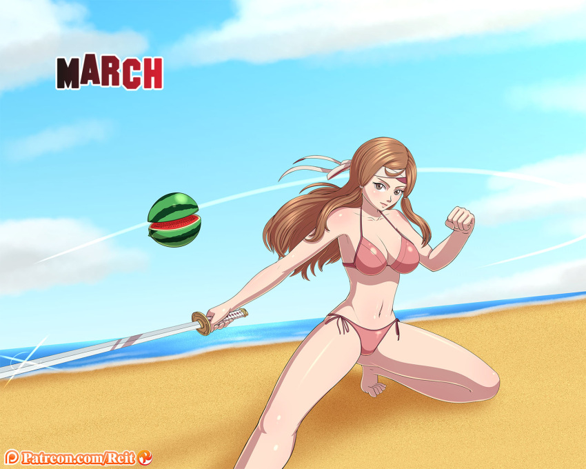 1girls alternate_costume barefoot beach bikini breasts brown_eyes brown_hair female female_only fire_emblem fire_emblem_fates fruit_slice hana_(fire_emblem) headband holding_katana holding_weapon katana large_breasts long_hair navel nintendo ocean pink_bikini pink_swimsuit reit sand side-tie_bikini sky solo swimsuit water watermelon watermelon_slice