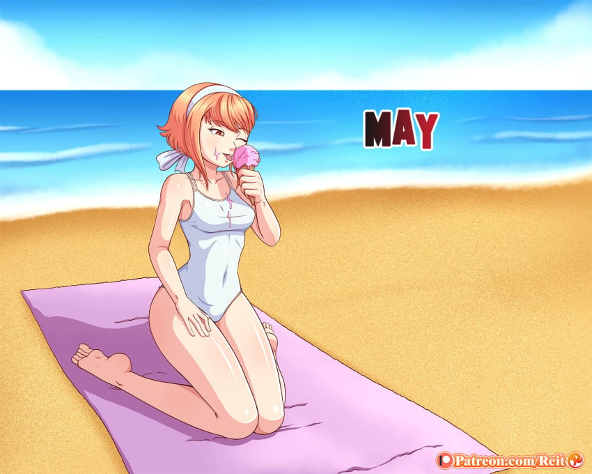 1girls alternate_costume barefoot beach beach_towel bob_cut breasts covered_navel eating female female_only fire_emblem fire_emblem_fates food food_on_body hairband ice_cream ice_cream_cone ice_cream_on_breasts ice_cream_on_face medium_breasts ocean one-piece_swimsuit pink_hair reit sakura_(fire_emblem) sand short_hair sky solo swimsuit water white_swimsuit