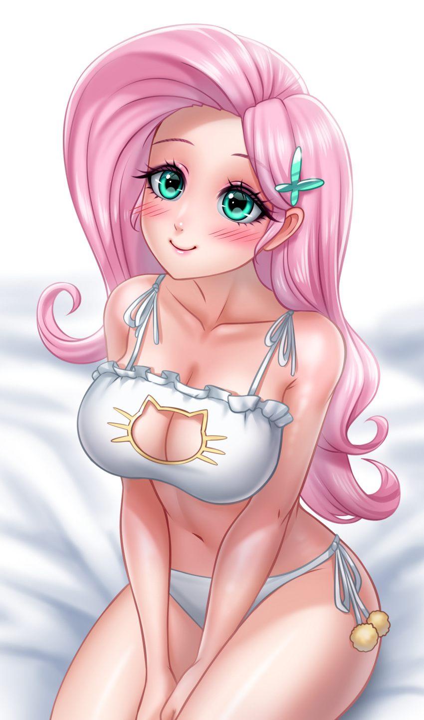 1girls big_breasts blush bra breasts cat_keyhole_bra cat_keyhole_lingerie cat_lingerie cleavage cleavage_cutout clothed cute female fluttershy_(mlp) friendship_is_magic hasbro human humanized lingerie long_hair my_little_pony navel panties pink_hair racoonkun side-tie_panties sitting smile solo solo_female straight_hair