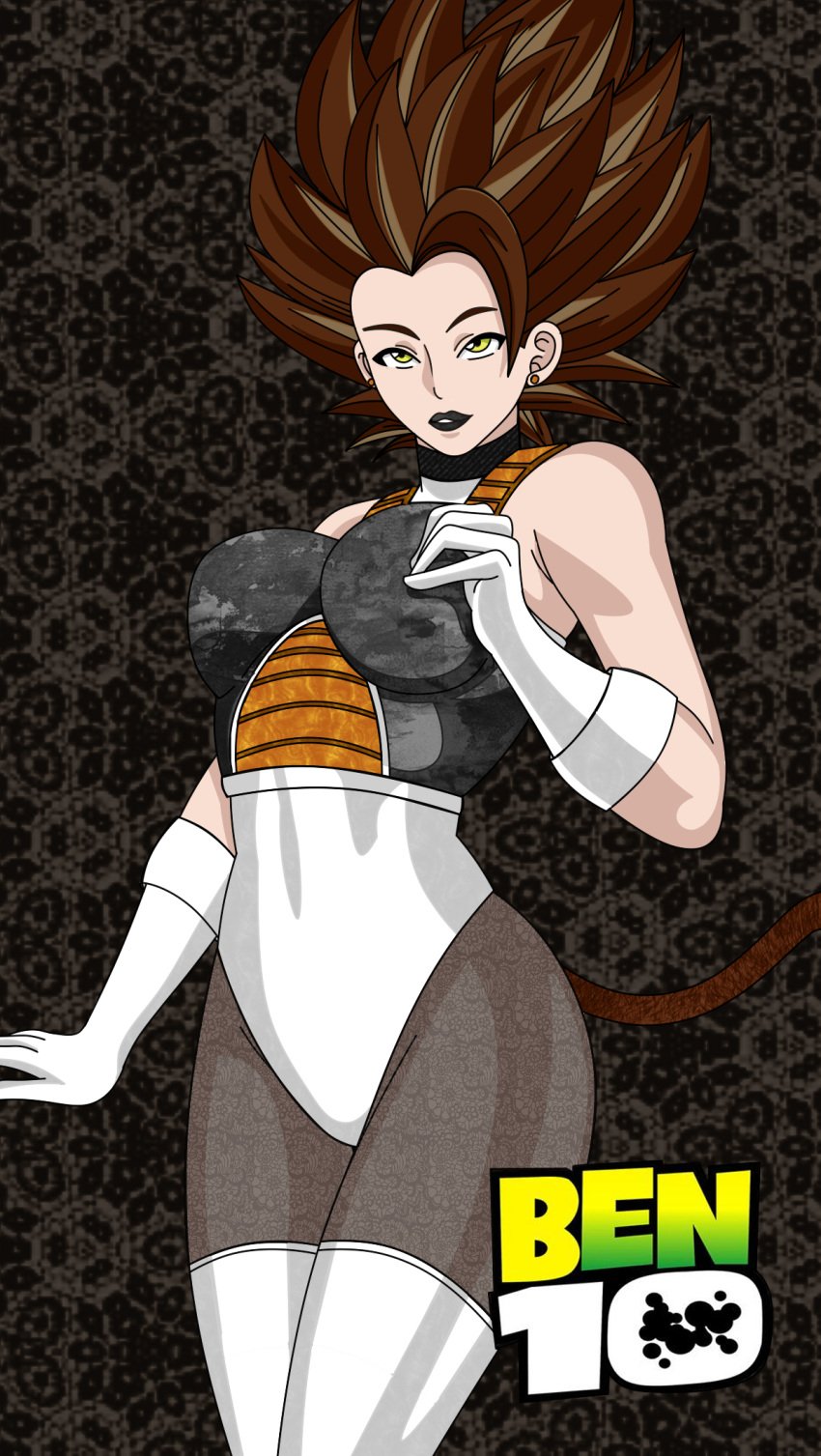 1girls armor ben_10 ben_tennyson black_lipstick choker crossover dragon_ball ear_piercing female female_ben gender_transformation genderswap_(mtf) green_eyes leotard maudxie mtf_transformation omnitrix pantyhose rule_63 saiyan saiyan_armor saiyan_tail