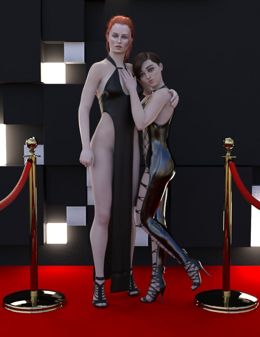 2girls 3d arya_stark celebrity daz3d daz_3d daz_studio dress female female_only game_of_thrones height_difference high_heels human human_only latex light-skinned_female light_skin maisie_williams multiple_girls open_toe_shoes pelvic_curtain pin3d posing revealing_clothes sansa_stark seductive sophie_turner tall_female