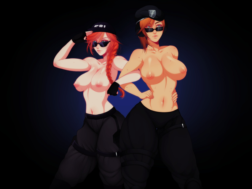 2girls absurd_res areolae ash_(rainbow_six) bare_shoulders breasts female female_focus female_only law-zilla looking_over_eyewear looking_over_glasses looking_over_sunglasses multiple_girls nipples rainbow_six rainbow_six_siege sunglasses tinted_eyewear zofia_(rainbow_six)