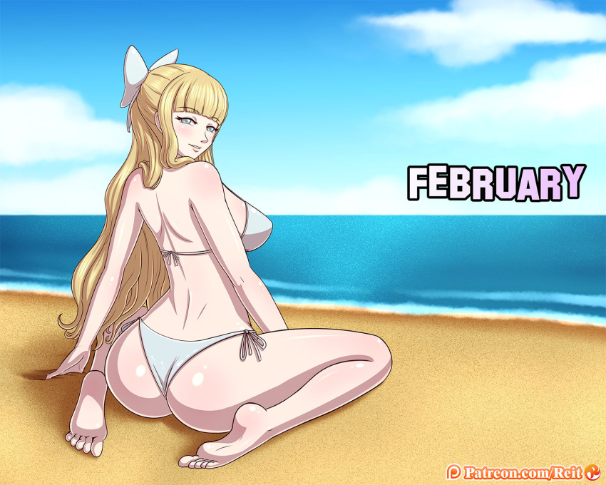 1girls alternate_costume ass back_view barefoot beach bikini blonde_hair blue_eyes bow breasts charlotte_(fire_emblem) female female_only fire_emblem fire_emblem_fates large_ass large_breasts long_hair nintendo ocean reit sand side-tie_bikini silver_bikini silver_swimsuit solo swimsuit wariza water white_bikini