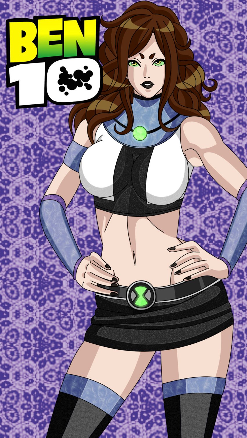 1girls alien alien_girl ben_10 ben_tennyson benfire black_lipstick breasts crossover dc female female_ben female_focus female_only gender_transformation genderswap_(mtf) green_eyes hand_on_hip jen_tennyson large_breasts long_hair looking_at_viewer maudxie midriff miniskirt mtf_transformation navel rule_63 smile solo solo_female solo_focus starfire starfire_(cosplay) tamaranean teen_titans thighhighs transformation wavy_hair