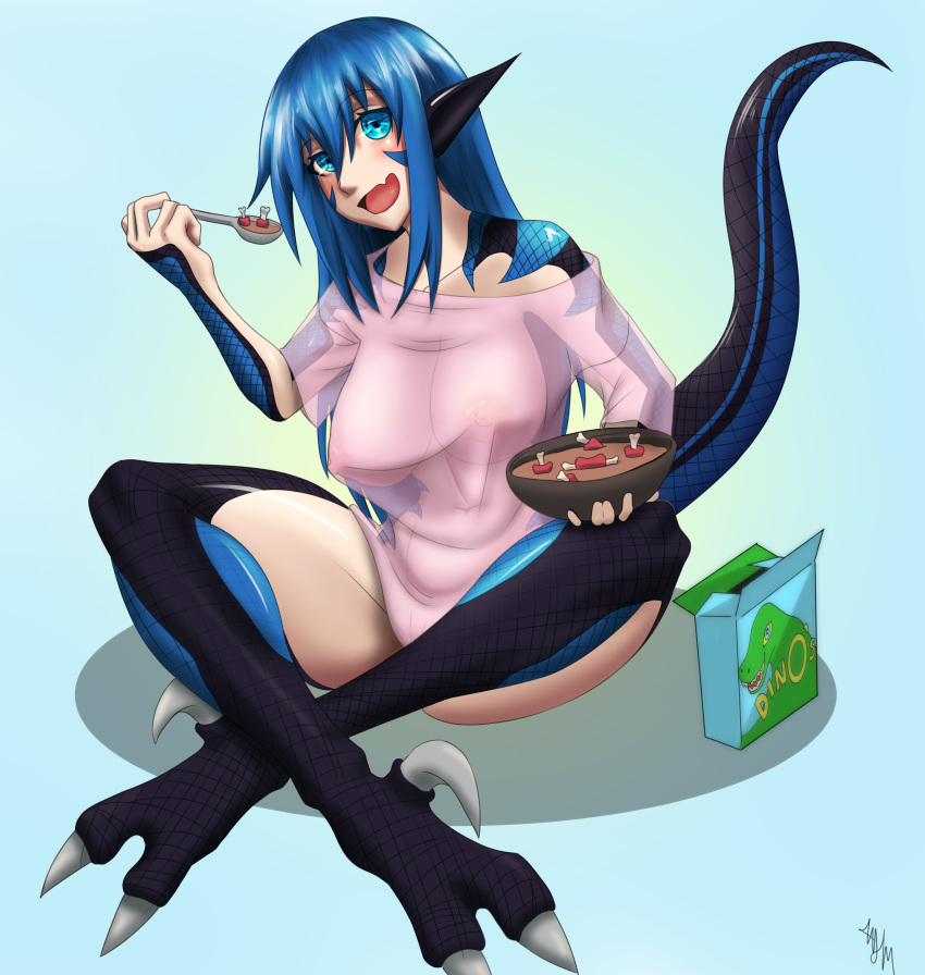 areolae blue_eyes blue_hair blue_scales cereal dinosaur dinoterra dromaeosaurid female food humanoid husa_(species) kayserend looking_at_viewer monster_girl nipples nipples_visible_through_clothing saphira_ravennor simple_background transparent_clothing utahraptor