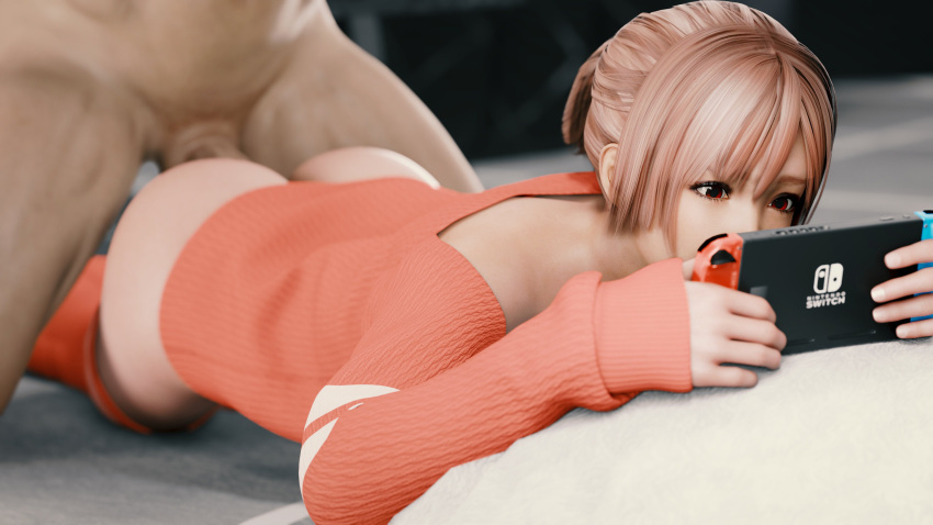 3d 4k blender_(software) bored dead_or_alive female honoka_(doa) lazysoba lying nintendo_switch pink_eyes pink_hair sex straight sweater