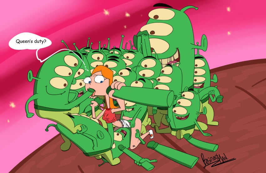 1girls 3_eyes big_penis businessman_(artist) candace_flynn female gangbang green_skin huge_cock long_penis multi_eye orgy phineas_and_ferb red_hair