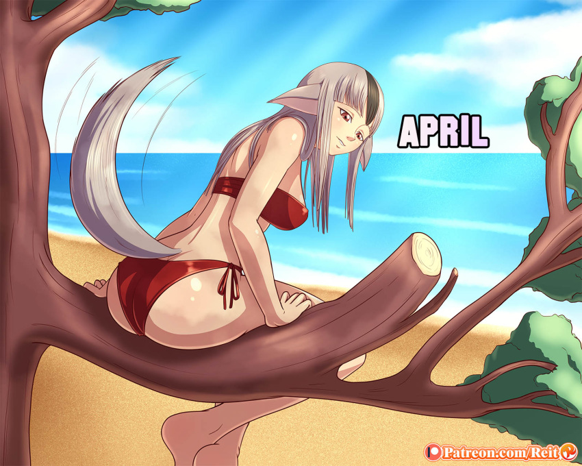 1girls alternate_costume ass bandeau barefoot beach bikini black_streaked_hair butt_crack female female_only fire_emblem fire_emblem_fates humanoid long_hair nintendo ocean red_bikini red_swimsuit reit side-tie_bikini sitting sky solo strapless_bikini streaked_hair swimsuit tree velouria_(fire_emblem) water white_hair wolf_ears wolf_tail wolfskin