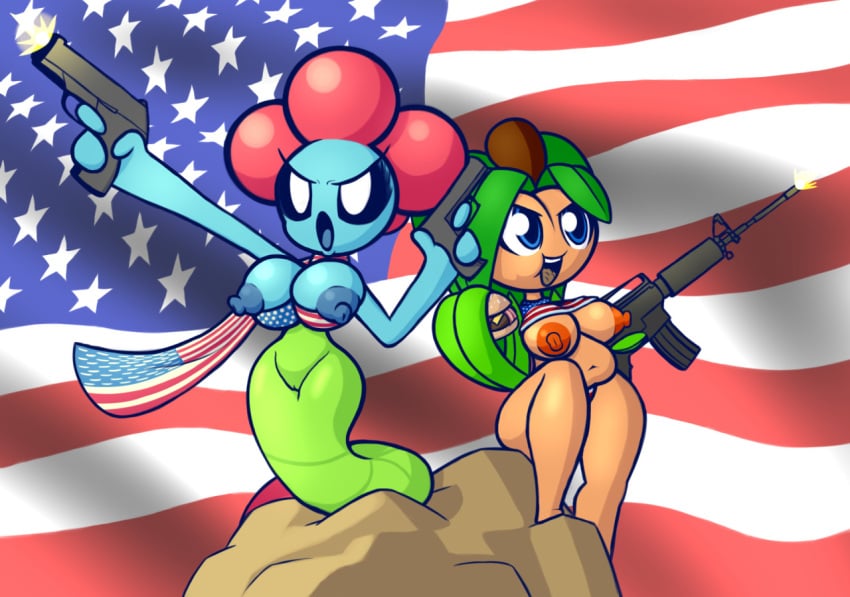 2017 2girls american_flag anthro breasts burger candy female female_focus female_only fireworks firing flora_fauna food fruit gummy gummy_worm gun hamburger handgun holding_gun holding_weapon jelena_(screwroot) multiple_girls naked navel nipples nude nude_female nudity obese obese_female oc open_mouth open_smile orange_(fruit) original_character original_characters plant plantie pussy scarf screwroot shooting tara_(screwroot) weapon worm