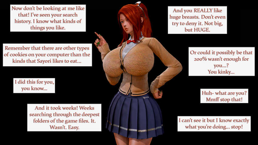 1girls 3d 4th_wall_breaking alternate_breast_size anon big_ass big_breasts bimbo bimbofication body_modification bow breast_expansion breast_inflation bursting_breasts cute dialogue doki_doki_literature_club english_text eye_contact fat_ass fourth_wall game_cg green_eyes hair_ornament honey_select huge_breasts large_breasts looking_at_viewer massive_breasts monika_(doki_doki_literature_club) ponytail pose red_hair school_uniform schoolgirl speaking_to_viewer sweater text text_box theduudeman thick thick_thighs thighs tight_clothing void wide_hips