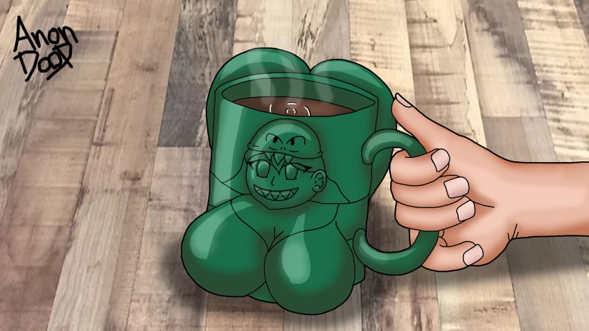 1girls 2020 absurd_res absurdres anondood blank_stare coffee coffee_mug commission digital_media_(artwork) dina_saruyama/sarazu dumbing_of_age female female_only girl green_body green_eyes hi_res high_resolution highres holding_object human human_only inanimate inanimate_transformation not_furry not_furry_focus sharp_teeth smile solo solo_focus transformation