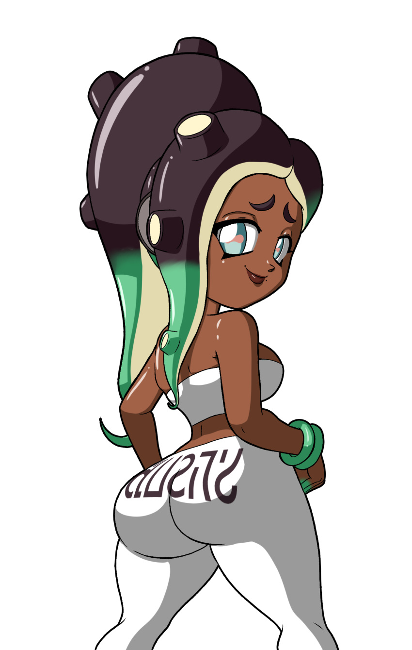 1girls ass ass_focus back_view big_ass blue_eyes bracelets breasts brown_hair bubble_butt clothed clothing dark-skinned_female dark_skin female female_only gradient_hair green_hair headphones humanoid knee_up leggings lips looking_at_viewer looking_back marina_(splatoon) midriff nintendo octoling octoling_girl shiny_skin sideboob simple_background splatoon splatoon_2 tansau text_on_butt text_on_clothing text_on_pants tight_pants tubetop unusual_pupils white_pants