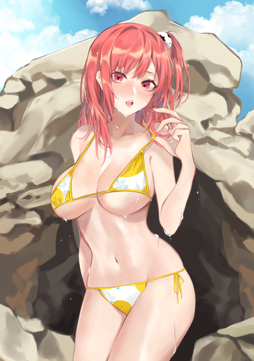 absurdres artist_request azur_lane bikini breasts cowboy_shot dead_or_alive dead_or_alive_xtreme_beach_volleyball female female_focus hair_ornament highres honoka_(doa) honoka_(summer_angel_on_the_shore)_(doa) karen_ngao large_breasts long_hair looking_at_viewer matching_hair/eyes midriff navel official_alternate_costume on_rock outdoors pebble pink_eyes pink_hair print_bikini pulled_by_self rock side-tie_bikini side_ponytail skull_hair_ornament solo strap_pull swimsuit two-tone_bikini underboob wet yellow_bikini