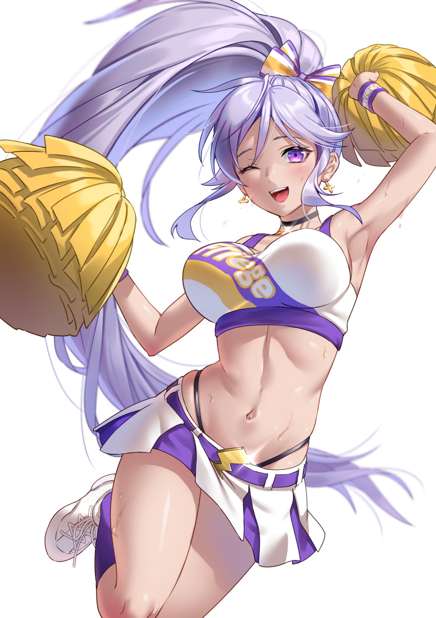 1girls absurdres armpits breasts cheerleader choker commission female fire_emblem fire_emblem:_genealogy_of_the_holy_war fire_emblem_heroes heart highres iria_(yumeirokingyo) ishtar_(fire_emblem) jewelry long_hair midriff navel nintendo open_mouth pom_pom_(cheerleading) purple_eyes purple_hair sexy_armpits shoes simple_background smile sneakers solo sweat uniform white_background