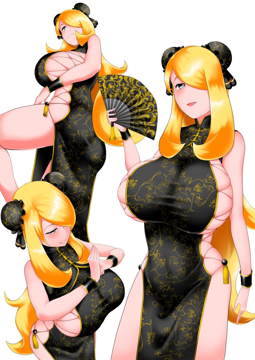 1girls 2021 alternate_hairstyle bare_legs black_dress blonde_hair breasts china_dress cross-laced_clothes cross-laced_dress cynthia_(pokemon) dress fan female female_focus female_only front_view grey_eyes hair_ornament hair_over_one_eye hi_res holding_object huge_breasts long_hair looking_at_viewer multiple_angles multiple_views nintendo open_mouth pokemon pokemon_dppt revealing_side_view side_slit side_view simple_background skindentation standing thick_thighs thighs tight_clothing toba_tsutsumi twin_buns very_high_resolution white_background wristbands