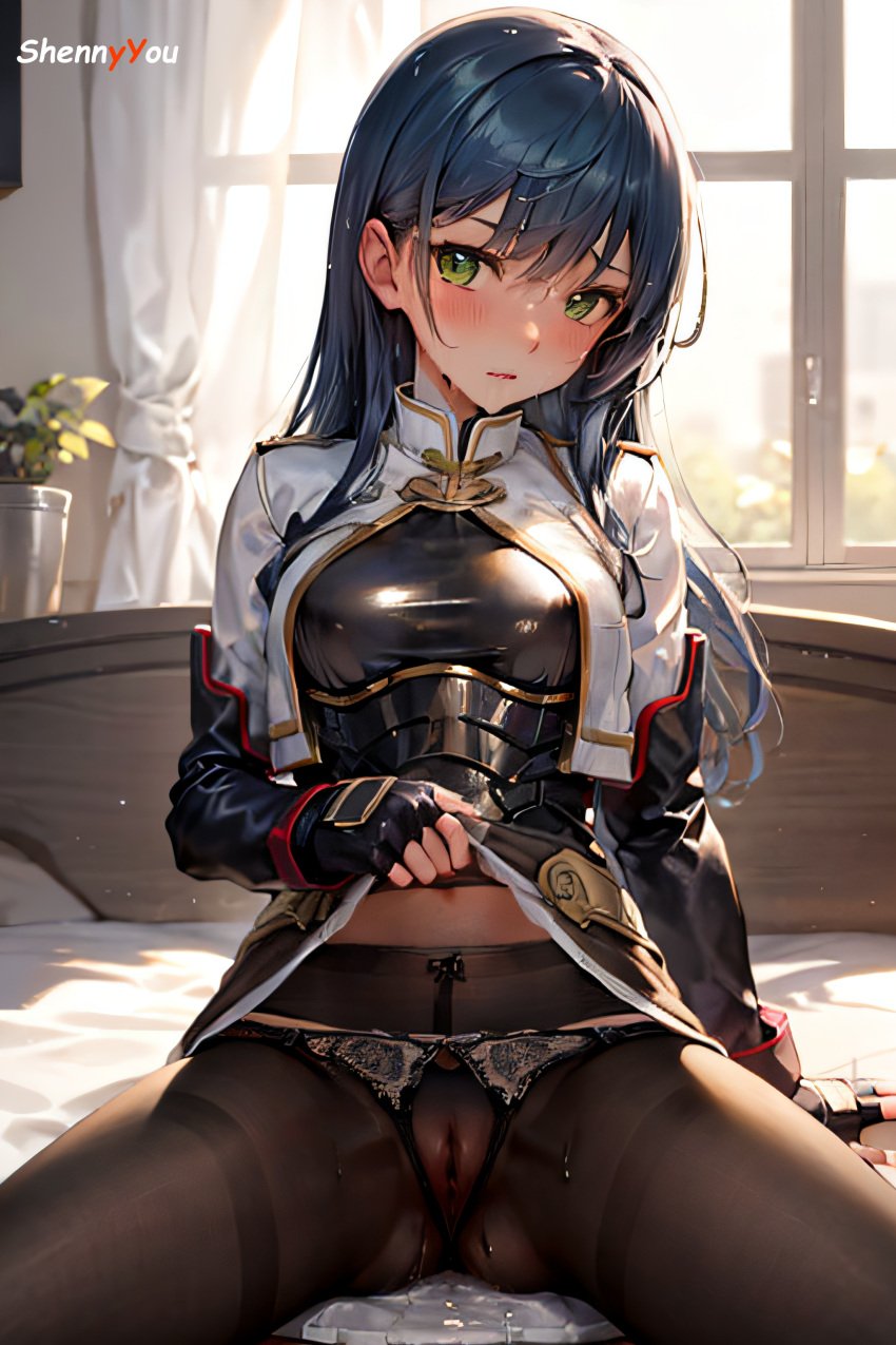 1girls ai_generated armor black_pantyhose blue_hair blush clothed female female_only green_eyes legs_spread maria_traydor see-through shennyyou showing_off stable_diffusion star_ocean_till_the_end_of_time wet_pussy