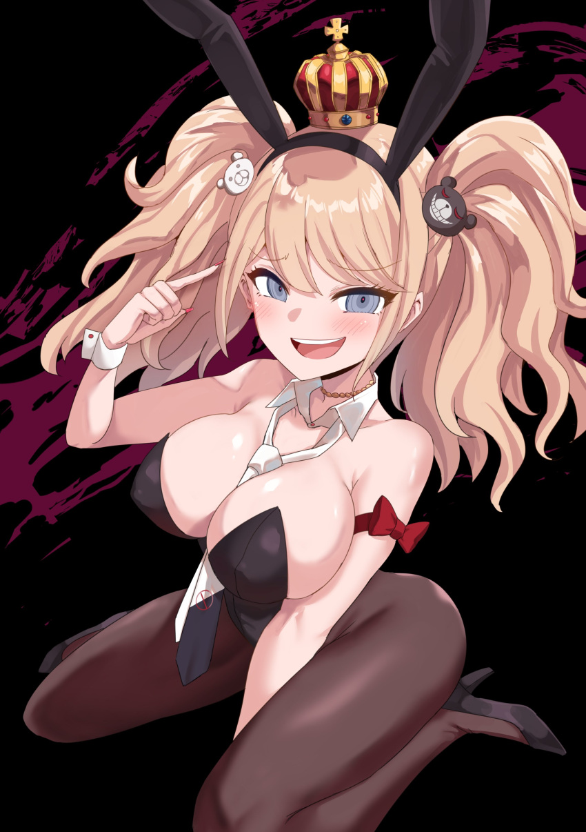 1girls blonde_hair blush breasts bunny_ears bunnysuit cleavage danganronpa favorite heels high_heels junko_enoshima kneeling large_breasts rayno solo straight_hair twintails