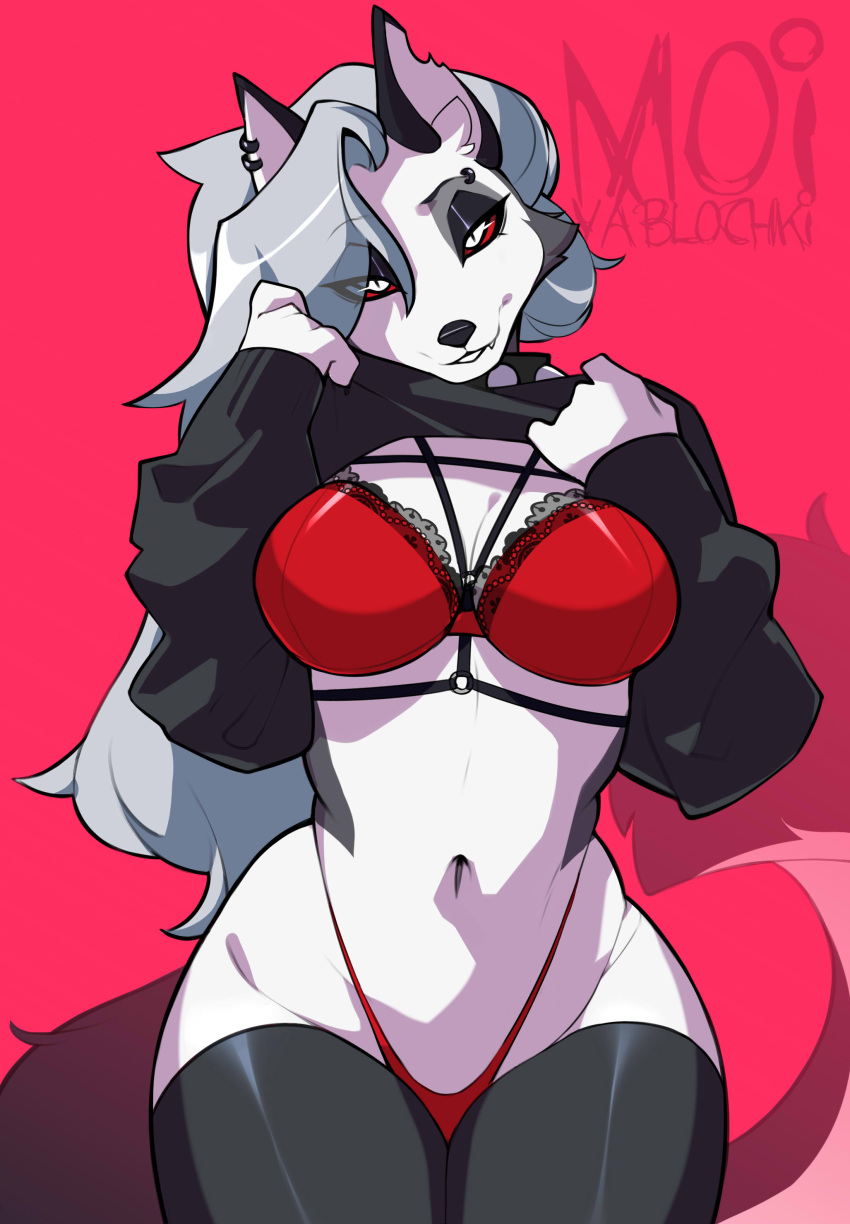 belly black_legwear breasts female furry goth hellhound helluva_boss hourglass_figure legwear lingerie looking_at_viewer loona_(helluva_boss) moiyablochki red_bikini red_topwear seductive_look seductive_smile stockings suggestive_pose tagme vivienne_medrano