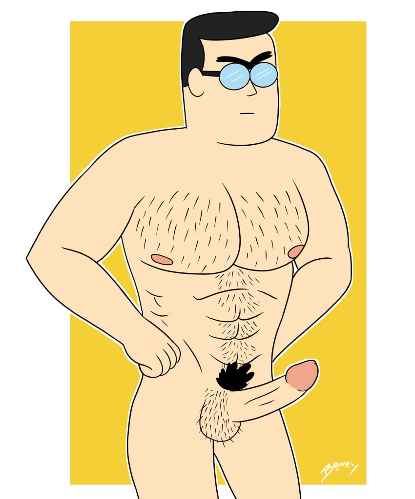 black_hair boney_(artist) cartoon_network clarence erection glasses hairy_balls hairy_chest human male male_only muscular naked posing standing white_background yellow_background yellow_tie_employee